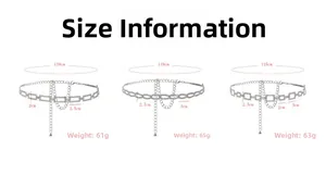 Size chart detail for adjustable rhinestone waist chains with length and weight specs