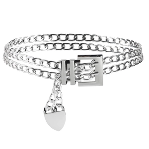 Double-layered silver metal chain belt with rectangular buckle and heart pendant