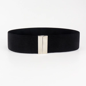 Black elastic wide waist belt for women with elegant silver metal rectangular buckle