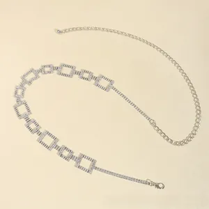 Detail view of silver alloy waist chain with crystal-inlaid rectangular links and lobster clasp