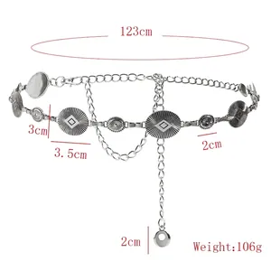 Bohemian silver waist chain belt with sun pattern engravings and dimensional labels