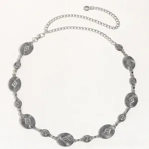 Bohemian silver alloy waist chain with vintage medal links and adjustable lobster clasp