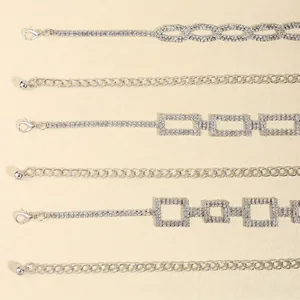 Elegant silver rhinestone chain belt for dresses with crystal geometric charms and clasp