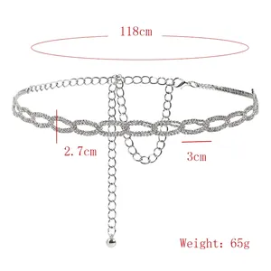 Elegant silver rhinestone waist chain for dresses, 118cm metal link belt for women