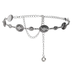 Bohemian style vintage silver waist chain with sun pattern discs and layered tassel chains