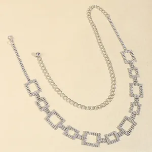 Silver waist chain belt with square rhinestone links for dresses and blazers