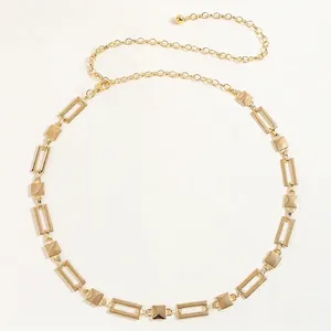 Elegant gold metal waist chain with geometric hollow links and adjustable ball pendant