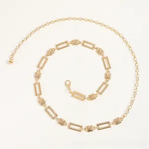 Detailed macro view of the gold alloy metal chain belt with square links and lobster clasp