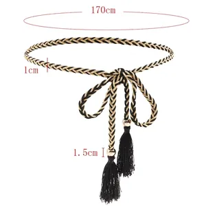 Ceinture tressée noire élégante de 170 cm avec pompons dorés pour robes de femmes