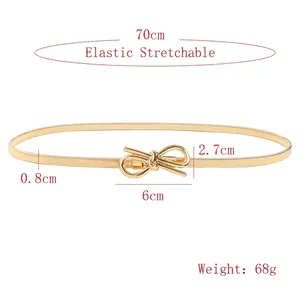 Elastic gold metal bow belt for dresses with stretch design and butterfly buckle
