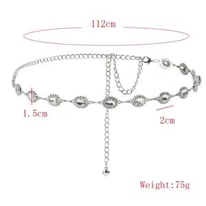 Silver crystal metal waist chain belt with oval rhinestones for dresses 112cm