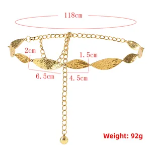 Detail view of golden leaf waist chain with adjustable length measurements on white background