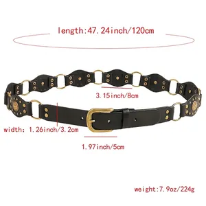 Ceinture Western rétro en cuir PU avec anneaux dorés et rivets décoratifs pour femme