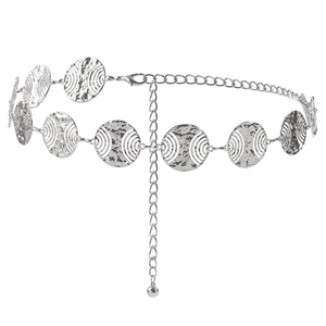 Elegant silver metal waist chain belt with hammered circular plates for women's dresses