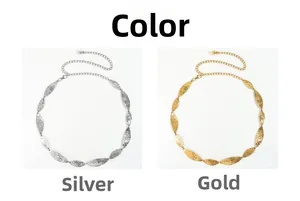Detail view of metallic leaf waist chain belts in gold and silver finish options