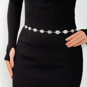 Elegant Alloy Rhinestone Waist Chain Belt Women Luxury Oval Crystal Inlaid Silver Metal Chain Belt For Dresses Accessories