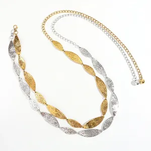 Elegant gold and silver leaf metal chain belt with hammered texture for dresses and pants
