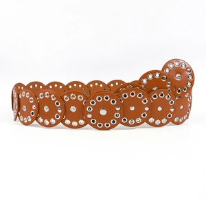 Brown leather fashion belt with circular patches and silver metal eyelets