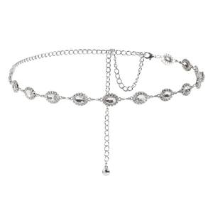 Silver metal waist chain featuring oval rhinestones and crystal accents with adjustable link
