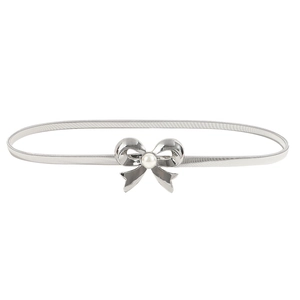 Elastic silver metal skinny belt with butterfly bow buckle and pearl decoration