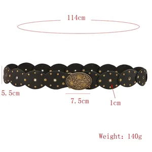 Ceinture Y2K vintage en cuir PU noir avec boucle fleurie dorée et détails rivetés