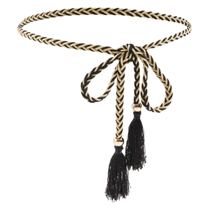 Ceinture tressée élégante à glands noir et or avec embouts métalliques pour robes