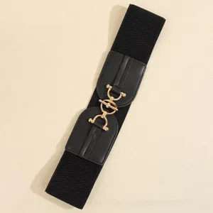 Detail eines schwarzen elastischen Taillengürtels mit goldener Metallschnalle für Kleider