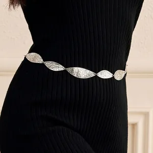 Women Metal Leaf Waist Chain Belt Fashion Adjustable Hammered Texture Alloy Body Link Chain For Dress Party Jewelry