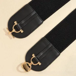 Detail eines schwarzen elastischen Gürtels mit goldenem T-Verschluss und Ring-Schnalle