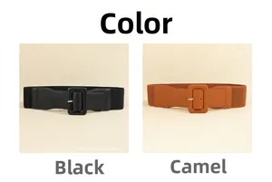 Detail view of elastic waist belts in black and camel colors with square buckles