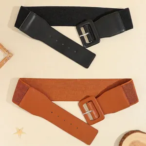 Chic wide elastic waist belts in black and brown PU leather with square buckle for dresses