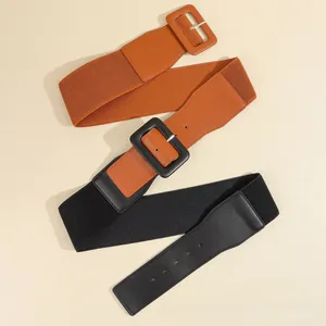 Macro detail of elastic wide waist belts in black and tan with stylish resin buckles