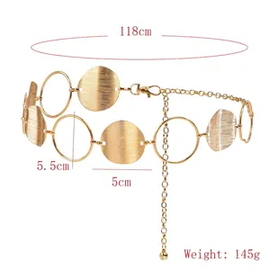 Vintage gold metal waist chain featuring hollow rings and brushed textured circular plates