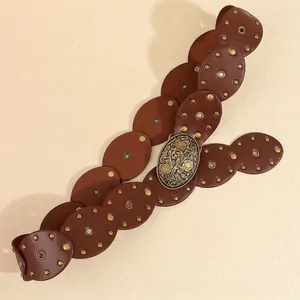 Ceinture Y2K vintage en cuir PU avec modules ovales et boucle métallique à motif floral