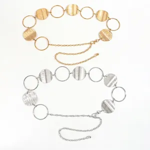 Retro hollow metal chain belt with engraved discs in gold and silver finishes