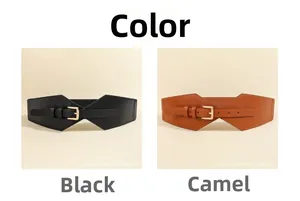 Nahaufnahme modischer unregelmäßiger Taillengürtel in Schwarz und Camel mit Goldschnallen