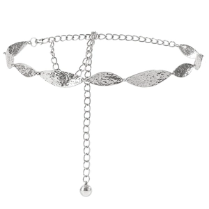 Silver metal leaf waist chain belt with hammered texture and adjustable lobster clasp