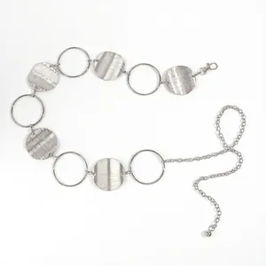 Vintage silver hollow disc chain belt with brushed metal texture for women dresses