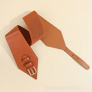 Detailansicht brauner elastischer Taillengürtel mit Kunstleder und goldener Schnalle