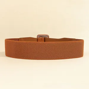 Detail of a brown elastic wide waist belt with square metal buckle and braided texture