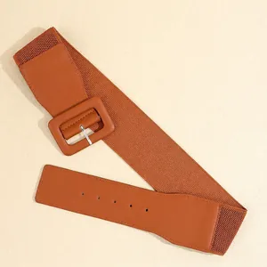 Women's brown wide elastic waist belt with leather wrapped square buckle for dresses