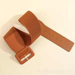 Macro detail of elastic wide belt with a brown square buckle for dresses and blazers