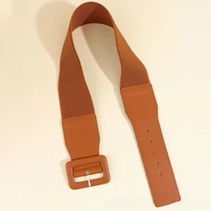 Detail of a brown elastic waist belt with a square buckle and textured leather finishes