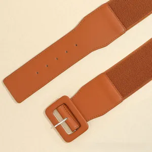 Close-up of brown elastic wide belt with textured fabric and leather square buckle