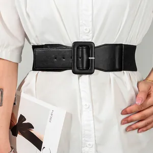 Women Wide Elastic Waist Belt High Stretch Synthetic Leather Corset Belt Square Buckle Fashion Decorative Waist Cinch Belt