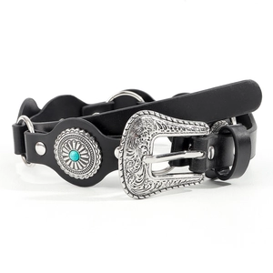 Vintage black leather bohemian belt with silver floral relief buckle and turquoise detail