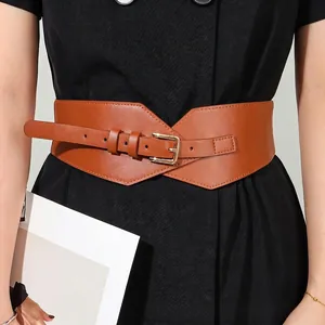 Damen Mode PU Leder Breiter Korsett Gürtel Gold Legierung Nadelschnalle Elastische Taille Mieder Geometrischer Gürtel