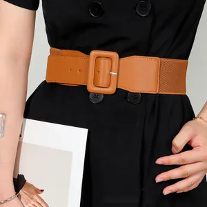 Detail of camel brown elastic waist belt with large square buckle on a black dress