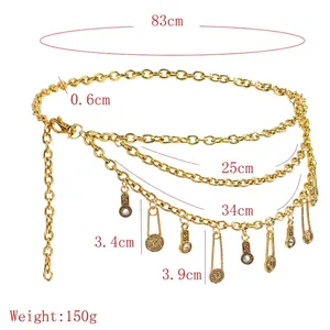 Vintage gold layered chain waist belt with lion coin pendants and sizing details