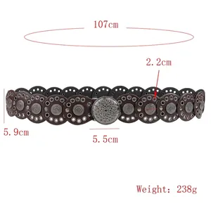 Bohemian vintage donkerbruine brede riem met metalen studs en bloemengesp